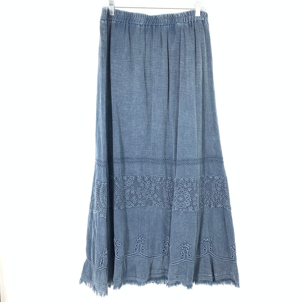 Reba Skirt Womens Large Blue Crinkle Cotton Crochet Lace Maxi Frayed Hem Tiered